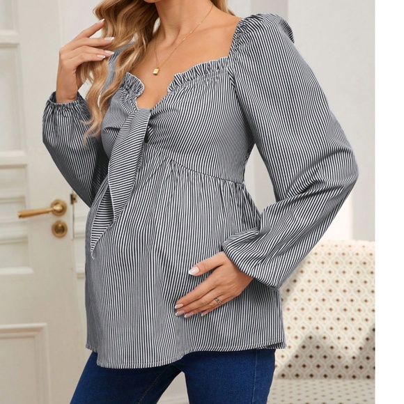 Maternity Stripes Ruffle Detail Long Sleeve Peplum Blouse - Picture 5 of 7